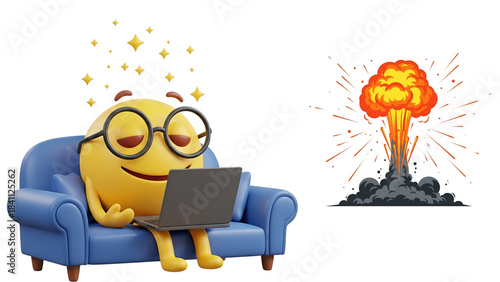 Emoji character in glasses using laptop on sofa, generating an idea explosion.