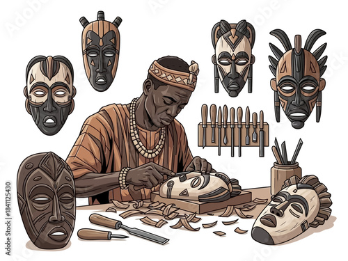 African Artisan Carving Traditional Wooden Masks with Chisels and Tools