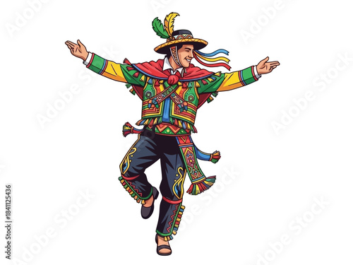 Animated Peruvian Dancer in Traditional Costume with Arms Extended
