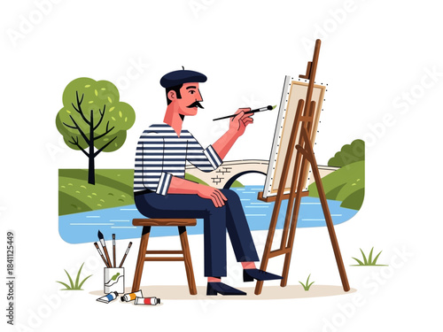 Artist Painting on Canvas with Brush, Beret, Striped Shirt, and Moustache