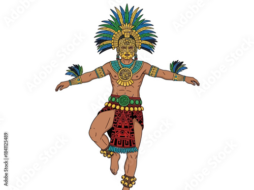Aztec Dancer with Headdress and Mask in Traditional Costume