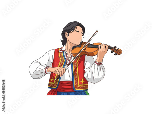 Cartoon Man in Traditional Costume Playing Violin with Bow