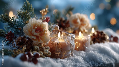 Christmas Flower Bouquet with Warm Candlelight and Cozy Festive Atmosphere in Snow