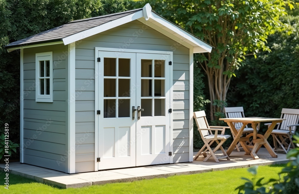 Fototapeta premium Modern grey garden shed with double doors and window, set in a green backyard. Wooden table and chairs placed outside on paved area. Perfect space for relaxation or storage needs.