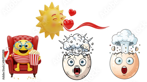 Playful cartoon emotions: sun blowing kiss, emoji movie time, shocked exploding egg