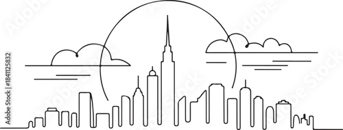 Continuous Line Art Skyline Dissolving into Soft Curved Arcs in Minimal Contour Outline Style