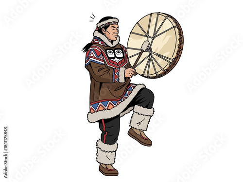 Indigenous Man Playing Drum in Traditional Fur-Trimmed Clothing