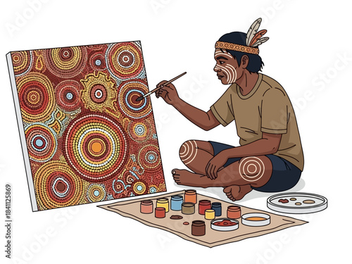 Indigenous Artist Painting Dot Art with Earth Tones and Traditional Headband