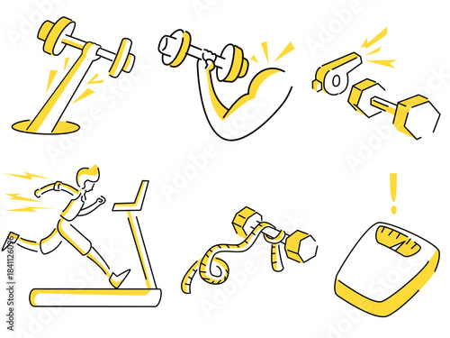 collection of gym illustrations, dumbbells, treadmills, and several other related gym illustrations