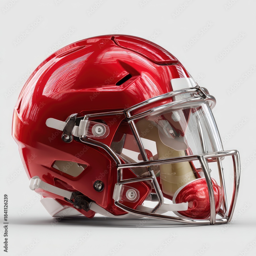 Fototapeta premium Hyper-realistic Red American Football Helmet with Chrome Accents on Standard Scale
