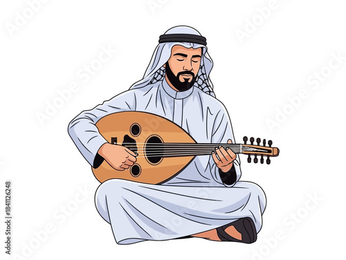 Man in Thobe Playing Oud, Traditional Middle Eastern Instrument