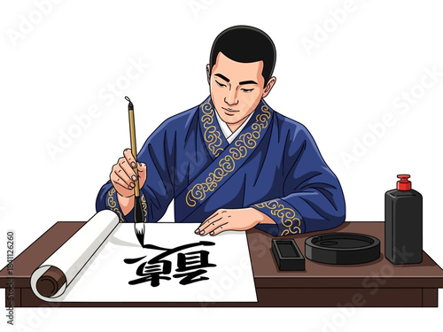 Man in Blue Robe Practicing Traditional Chinese Calligraphy with Brush