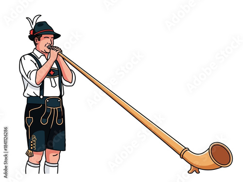 Man in Traditional Bavarian Clothes Playing Alphorn, Cartoon Style