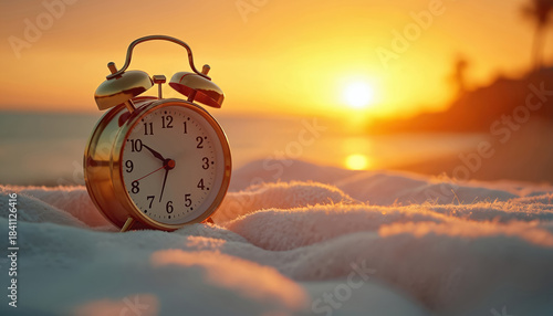 Golden alarm clock rests on soft blanket. Warm sunrise illuminates beach, signaling new day. Peaceful morning moments invite relaxation and quiet contemplation. © Vadym