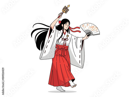 Miko Maiden Performing Kagura Dance with Fan and Bell Staff