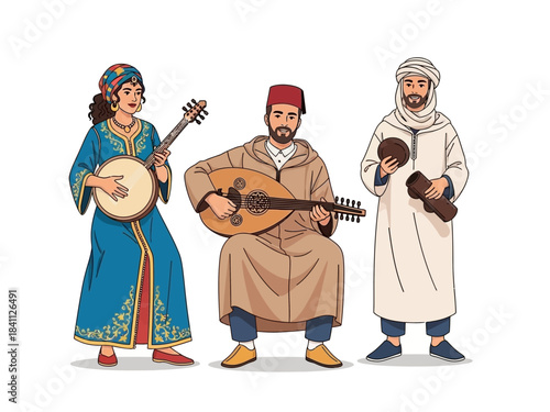Moroccan Musicians: Woman with Banjo, Man with Oud, Man with Qraqeb