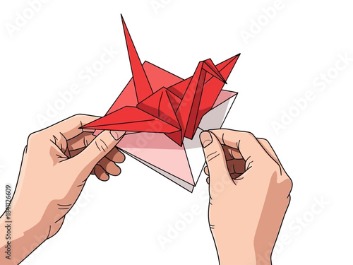 Origami Crane Being Folded, Red Paper Bird, Geometric Folds, Handcraft