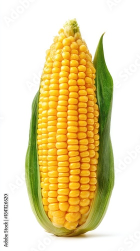 Fresh Yellow Corn Cob Isolated on White Background with Green Leaves Lighted in Studio Setting for Food Photography