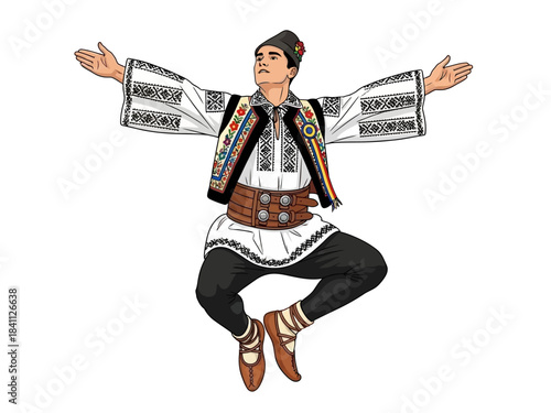 Romanian Folk Dancer in Traditional Costume with Arms Extended