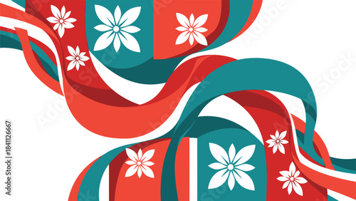 Abstract geometric pattern featuring a dynamic interplay of vibrant red green blue yellow cyan and magenta shapes with clean helvetica and courier typography elements suitable for modern graphic desig