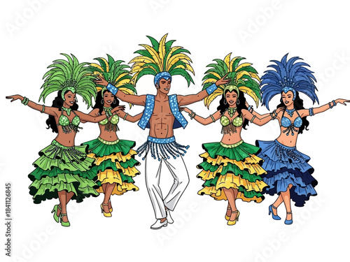 Vibrant Carnival Dancers in Colorful Costumes with Feathered Headdresses
