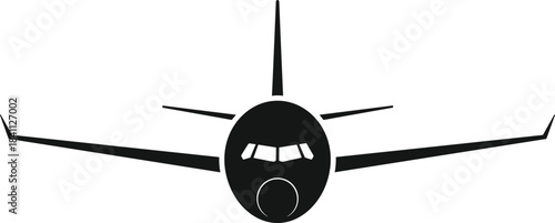 Front-facing airplane silhouette, minimal aviation icon, black graphic aircraft design, cockpit and wings detail - flat vector illustration
