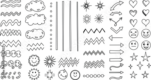 Hand-drawn design elements and symbols, decorative icons, graphic assets for illustration, sketch style, visual toolkit - flat vector illustration