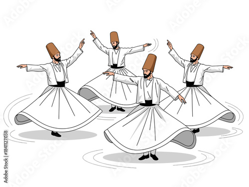 Whirling Dervishes in White Robes and Tall Hats Performing Sema Ceremony