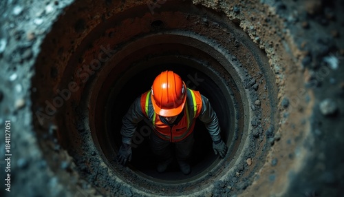 Worker wearing orange helmet and vest enters dark round tunnel shaft. He works in confined space underground, wearing protective gear. Man prepares for difficult job in sewer system.