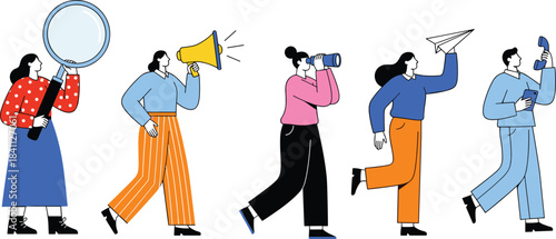 People exploring communication tools and methods, modern devices, teamwork concept, observation and broadcasting actions, flat design style - flat vector illustration