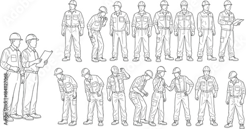 Industrial workers in safety helmets, workplace behavior, communication and inspection poses, training illustration, line drawing style - flat vector illustration