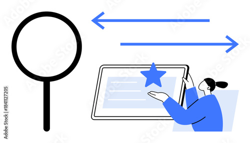 Data analysis, digital tools, online research, communication, search processes, technology. Magnifying glass, tablet arrows and person interacting with device. Online research and data analysis