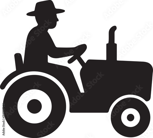 A simple black silhouette depicting a farmer driving agricultural machinery