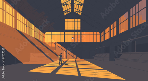 A lone figure stands bathed in the warm, dramatic illumination filtering through the expansive windows of a stylized, empty hall, casting striking geometric shadows.