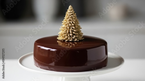 Sophisticated chocolate mirror glaze Christmas cake crowned with shimmering golden tree topper, sleek reflective dessert styling ideal for elegant winter dinners and luxurious festive celebrations

