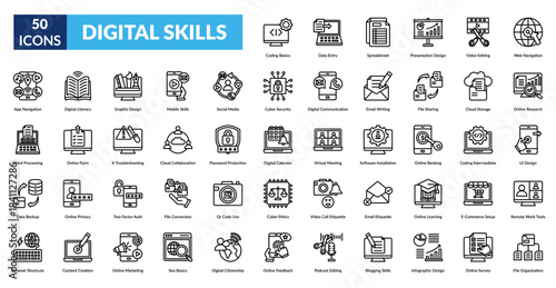 Digital Skills Line Icon Set. Coding Basics, Data Entry, Spreadsheet Management, Presentation Design, Video Editing Skills, Web Navigation, Online Research Methods