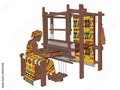 Woman weaving Kente cloth on a traditional loom with colorful patterns.