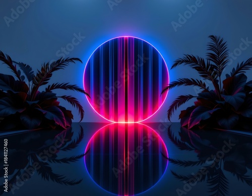 Glowing Abstract Shape Surrounded Tropical Silhouettes