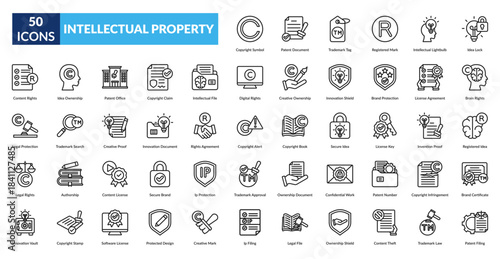 Intellectual Property Line Icon Set. Ip Rights, Copyright Symbol, Patent Document, Trademark Tag, Registered Mark, Intellectual Property, Licensing Agreement