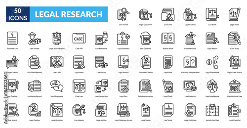 Legal Research Line Icon Set. Regulation Search, Document Review, Court Records, Legal Analysis, Statute Book, Case Notes, Case Study