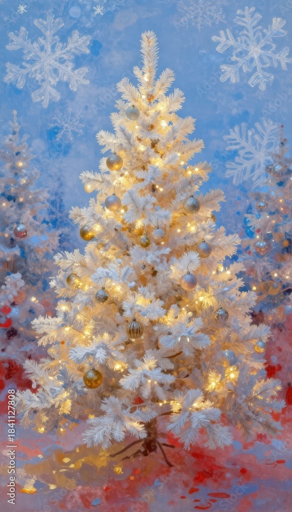 Fototapeta premium Festive Christmas Tree Decorated with Lights and Ornaments holiday