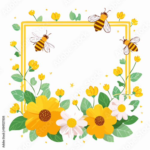 Frame with honey flowers and bees. Cartoon vector illustration