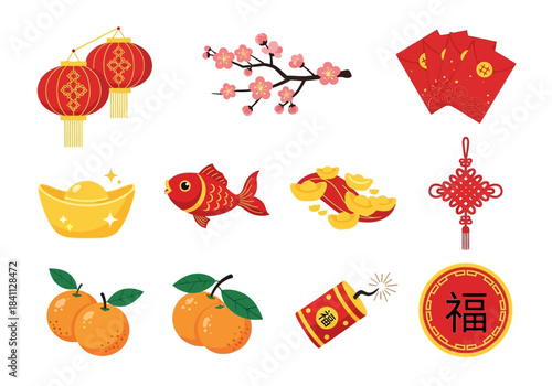 Festive Chinese New Year Icons Collection Prosperity and Good Fortune