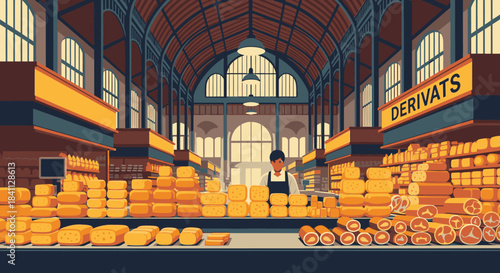 A bustling indoor market hall, filled with an array of artisanal food products and a dedicated vendor, showcasing a rich culinary experience.