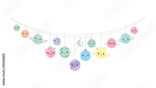 Celestial Garland: A whimsical garland of adorable planets, stars, and celestial bodies hangs gracefully, inviting wonder and imagination.