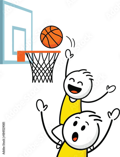 Cartoon illustration of a basketball player jumping to shoot a ball into the hoop with a cheering fan