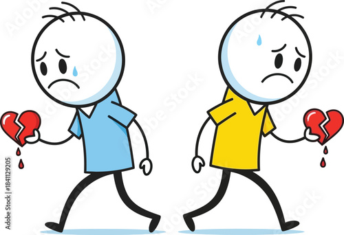 Stick figure illustration of two sad people walking away from each other each holding a red heart