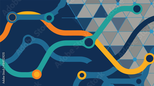 Abstract geometric composition featuring a vibrant interplay of primary and secondary colors rendered in a clean vector format with classic typography elements