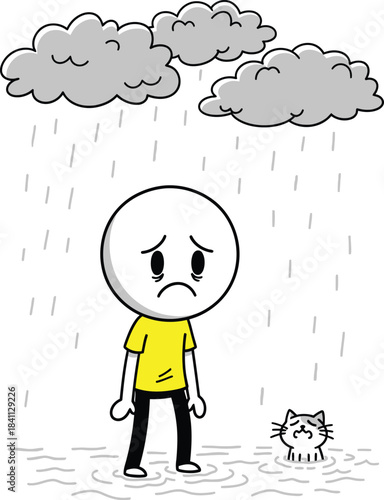 Sad cartoon character stands in the rain with a gloomy expression and dark clouds overhead depicting melancholy