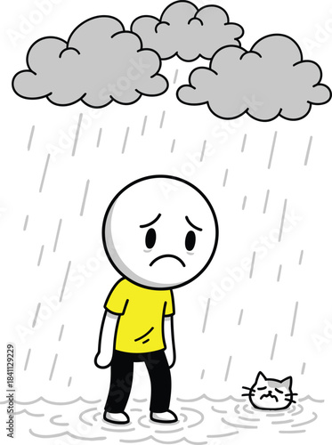 Sadness and despair are represented by a lonely figure standing in the rain under dark storm clouds